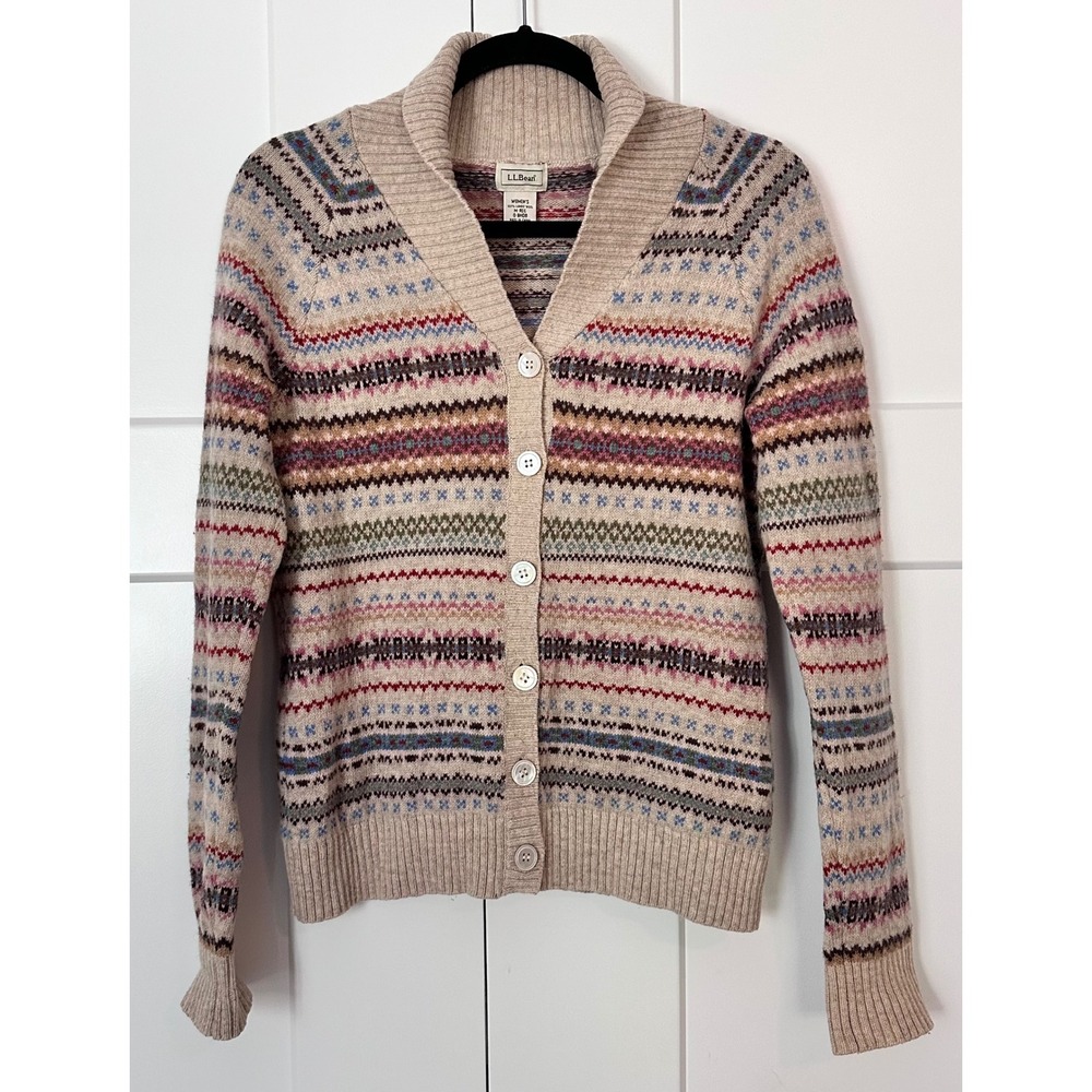 LL Bean Womens Fair Isle Lambswool Cardigan Sweater Shawl Collar Tan Multi M-REG